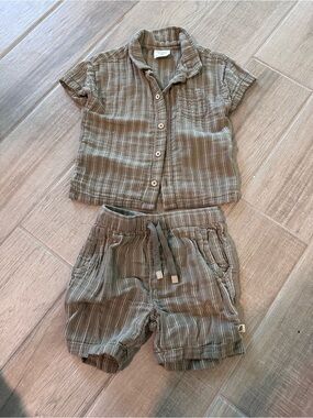 Easy-Peasy Casual Kids Two-Piece Shirt & Shorts Set - Taupe Stripe